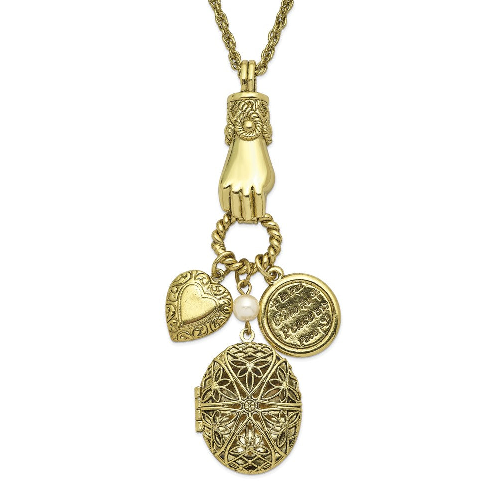 1928 Jewelry Brass-tone Hand Holding Oval 28mm Locket & Polished Heart & Peace Charm 30-inch Necklace Holds 2 Photos in Base Metal