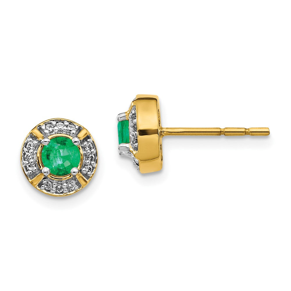 Diamond & Emerald Fancy Halo Earrings in 14k Yellow Gold