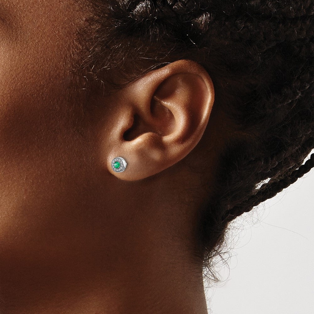 Diamond & Emerald Halo Post Earrings in 14k White Gold
