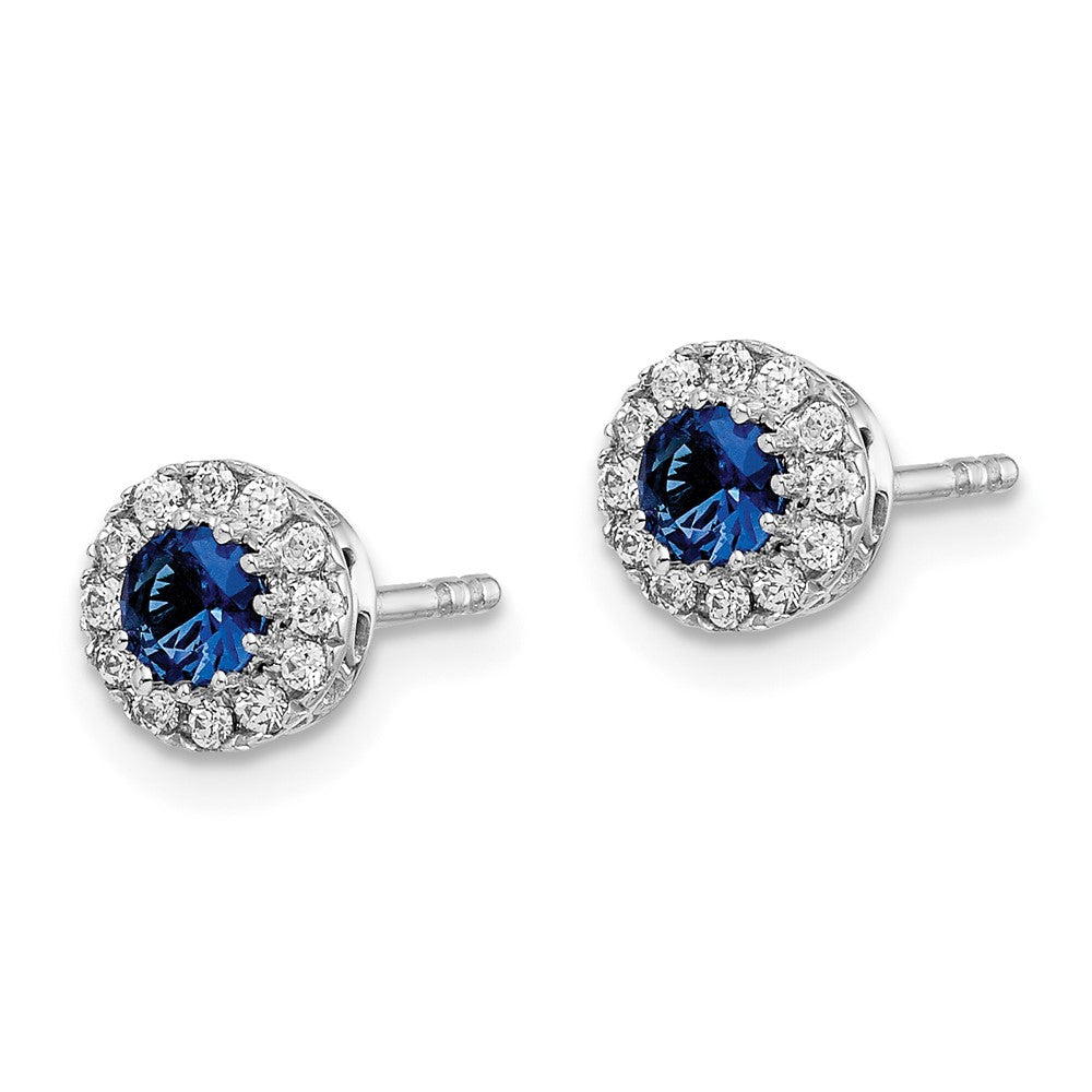 Diamond & Blue Sapphire Halo Post Earrings in 14k White Gold
