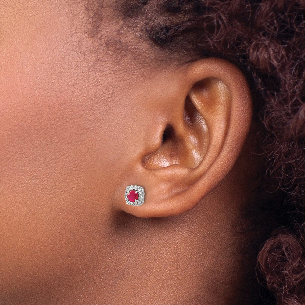 Diamond & Ruby Square Halo Earrings in 14k White Gold