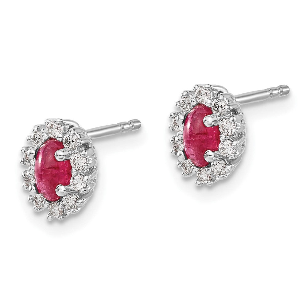 Diamond & Ruby Oval Halo Earrings in 14k White Gold