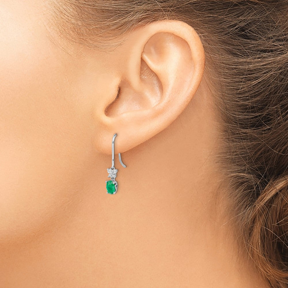 1/8ct Diamond & Oval Emerald Dangle Earrings in 14k White Gold