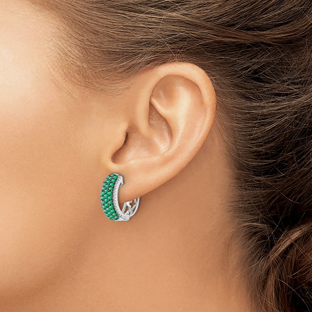 Diamond & Emerald Hinged Hoop Earrings in 14k White Gold