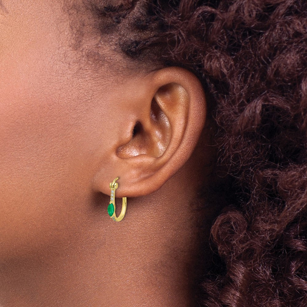 1/20ct Diamond & Emerald Hinged Hoop Earrings in 14k Yellow Gold
