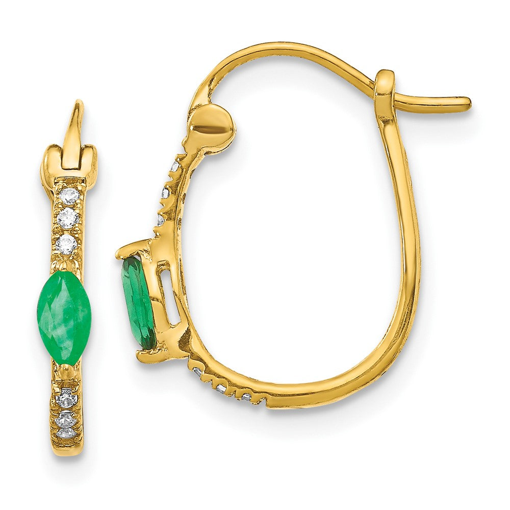 1/20ct Diamond & Emerald Hinged Hoop Earrings in 14k Yellow Gold