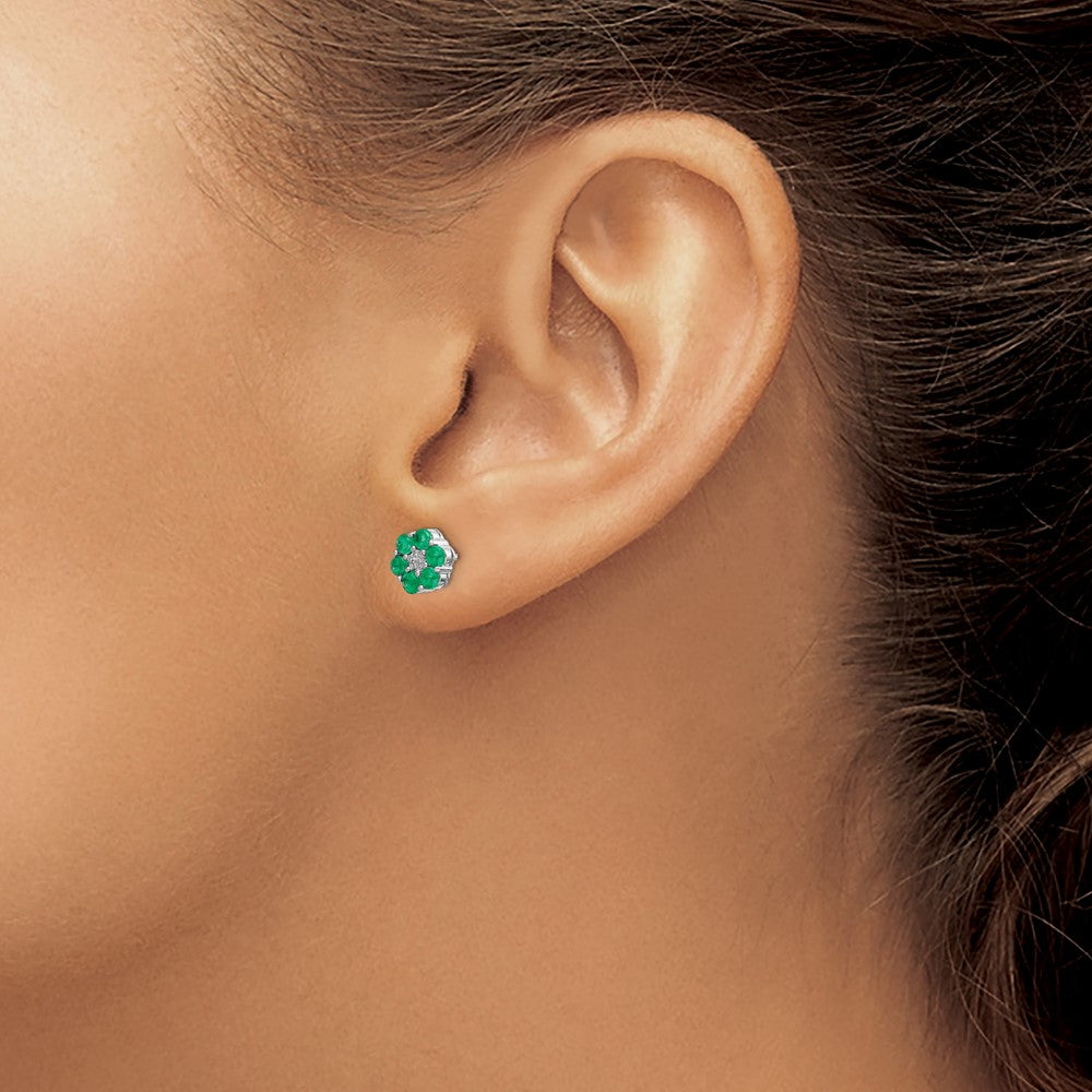 Polished Emerald & Diamond Post Earrings in 14k White Gold