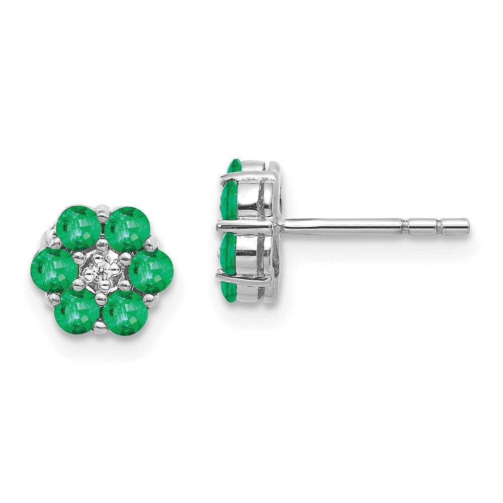 Polished Emerald & Diamond Post Earrings in 14k White Gold