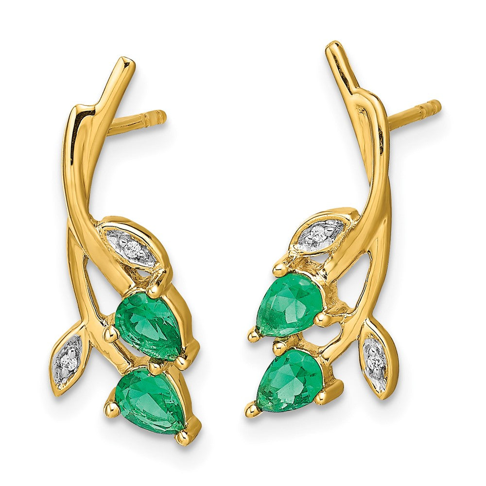 Diamond & Pear Emerald Floral Post Earrings in 14k Yellow Gold