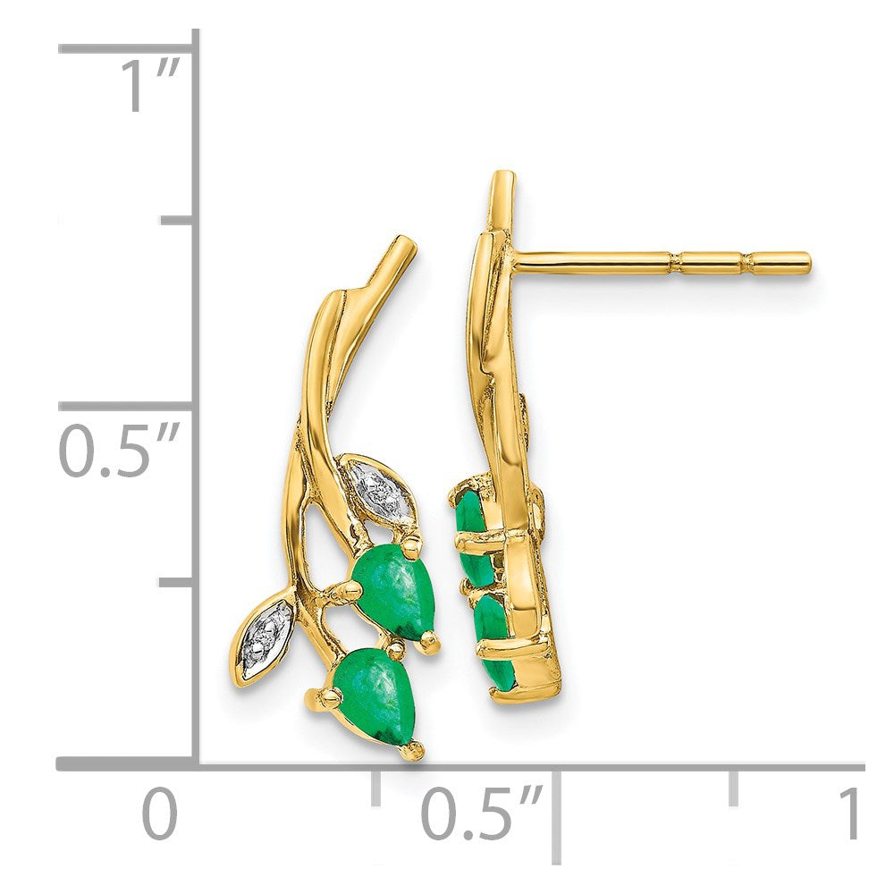 Diamond & Pear Emerald Floral Post Earrings in 14k Yellow Gold
