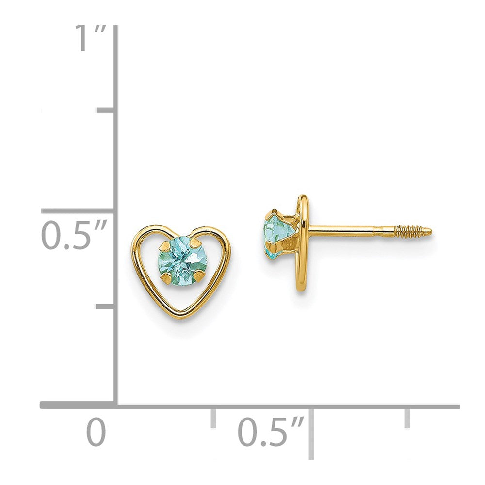 Madi K 3mm Genuine Aquamarine Birthstone Heart Earrings in 14k Yellow Gold