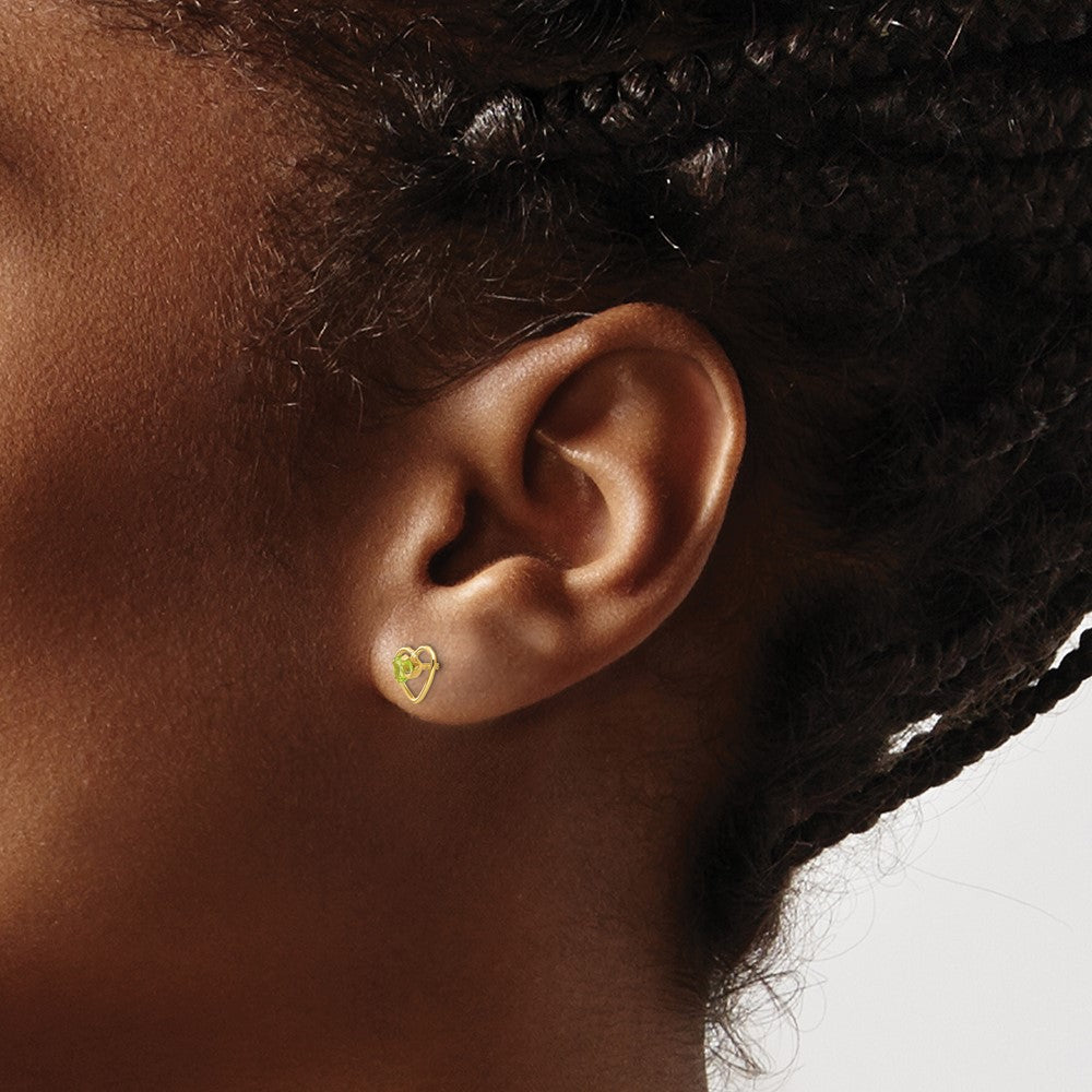 Madi K 3mm Genuine Peridot Birthstone Heart Earrings in 14k Yellow Gold