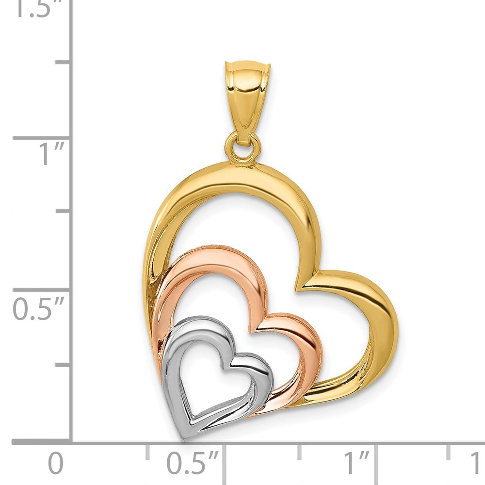 Two-tone & White Rhodium Polished 3 Hearts Pendant in 14k Yellow & White Gold