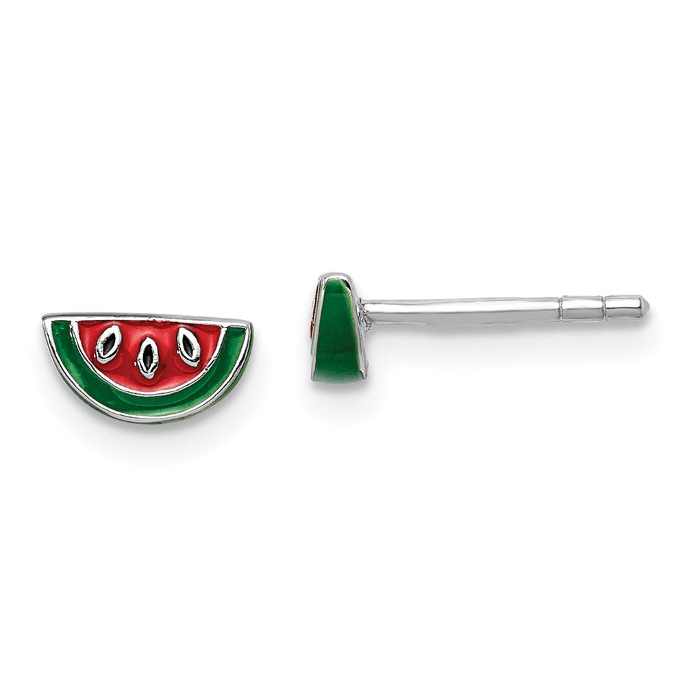 Rhodium-Plated Polished & Multi-color Enameled Watermelon Children's Post Earrings in Sterling Silver