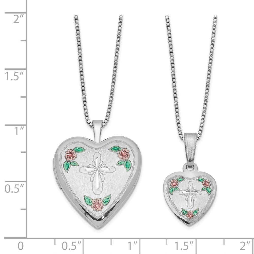 Cross & Flowers Enameled Mother & 14in Daughter Locket/Pendant Necklace Set in Sterling Silver