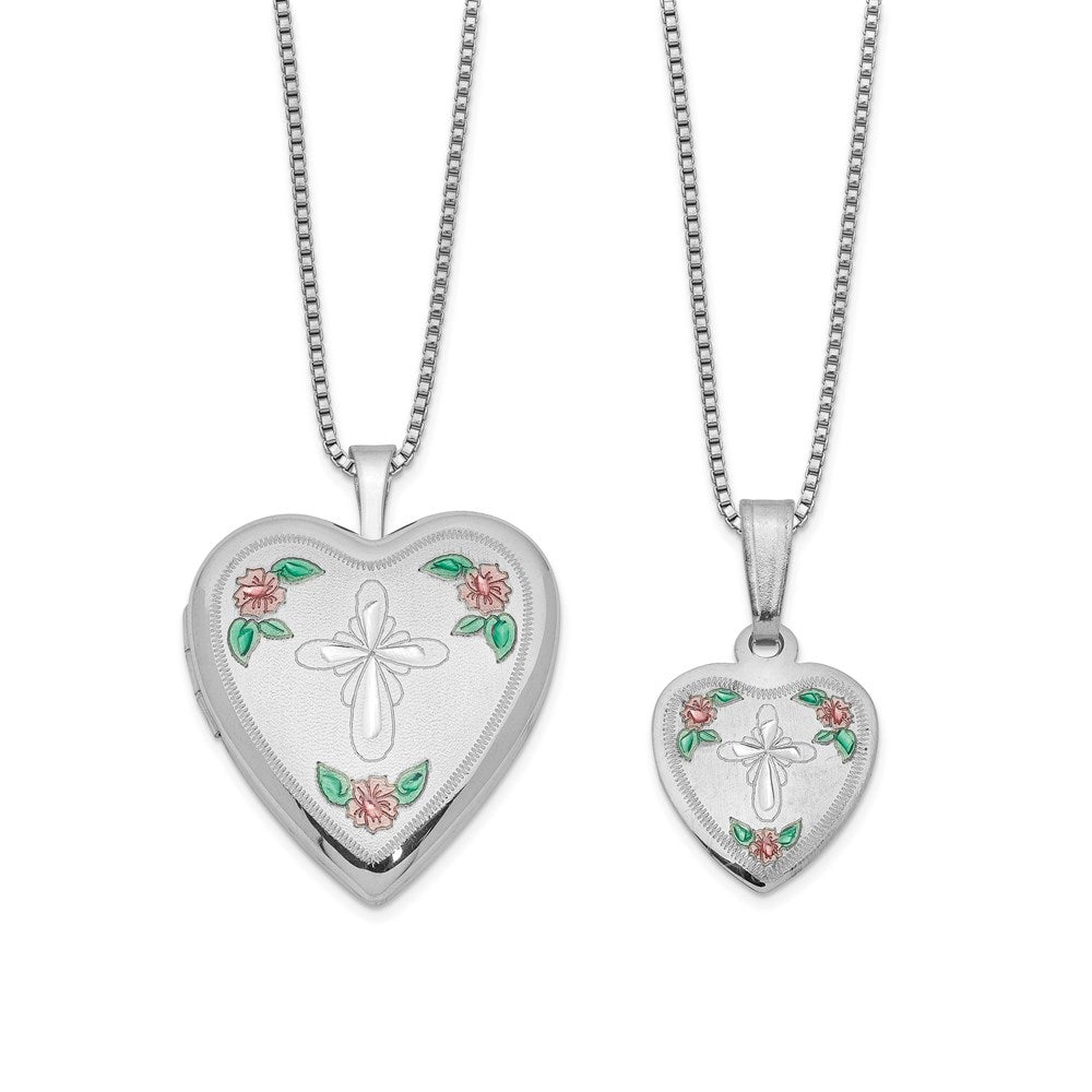 Cross & Flowers Enameled Mother & 14in Daughter Locket/Pendant Necklace Set in Sterling Silver