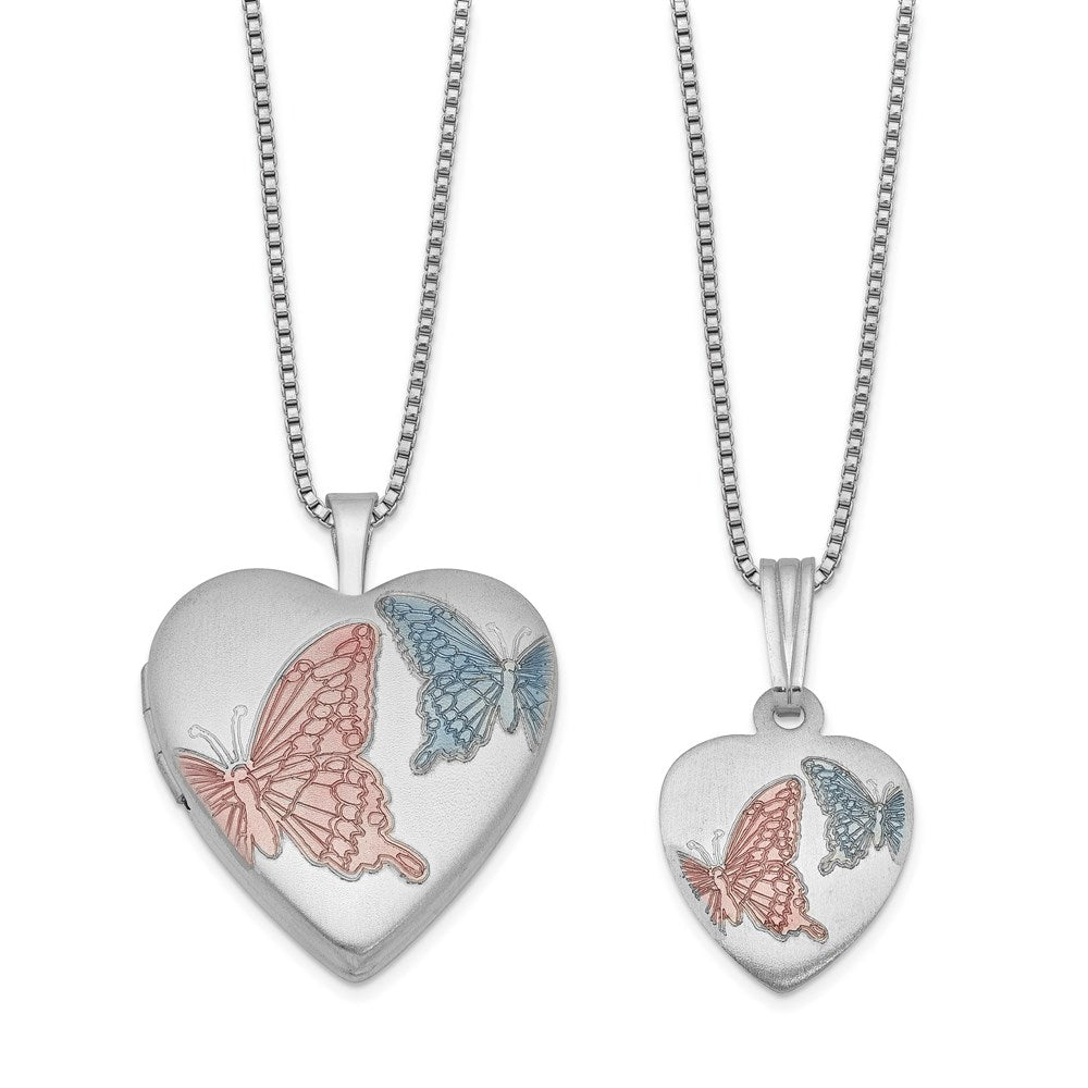 Rhodium-plated Satin Enameled Butterflies Heart 18in Locket Necklace & 14in Pendant Necklace Set in Sterling Silver