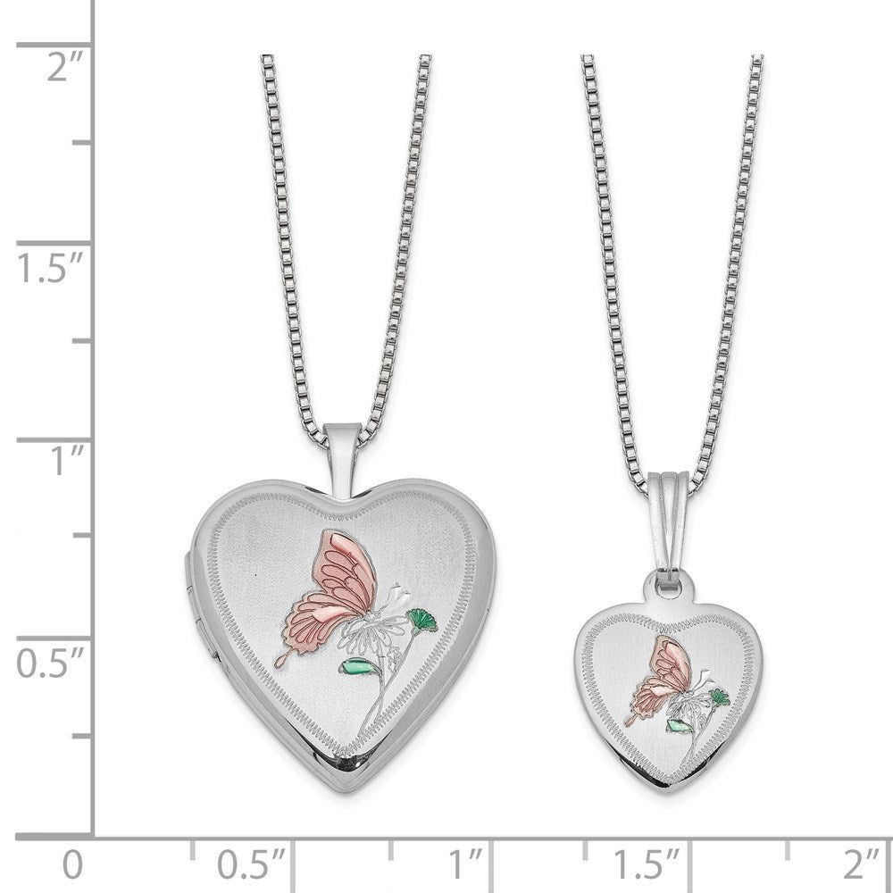 Rhodium-plated Polished & Satin Enameled Butterfly Heart 18in Locket Necklace & 14in Pendant Necklace Set in Sterling Silver