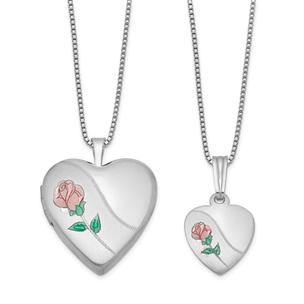 Rhodium-plated Polished & Satin Enameled Rose Heart Mother & Daughter Locket & Pendant Necklace Set in Sterling Silver