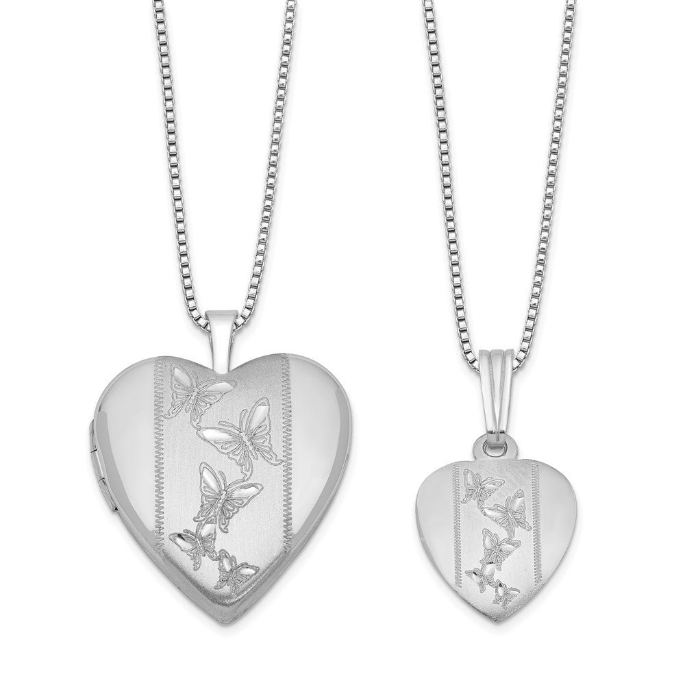 Rhodium-Plated Polished & Satin Butterfly Heart 18in Locket Necklace & 14in Pendant Necklace Set in Sterling Silver