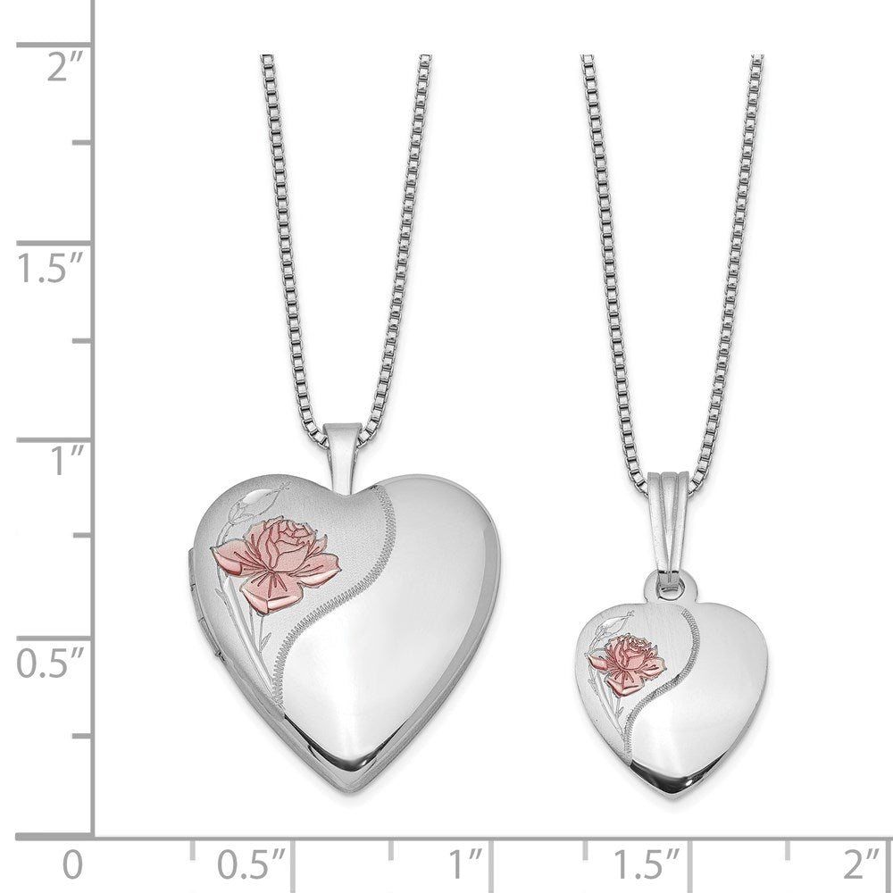 Rhodium-Plated Polished/Satin Enameled Rose Heart 18in Locket Necklace & 14in Pendant Necklace Set in Sterling Silver