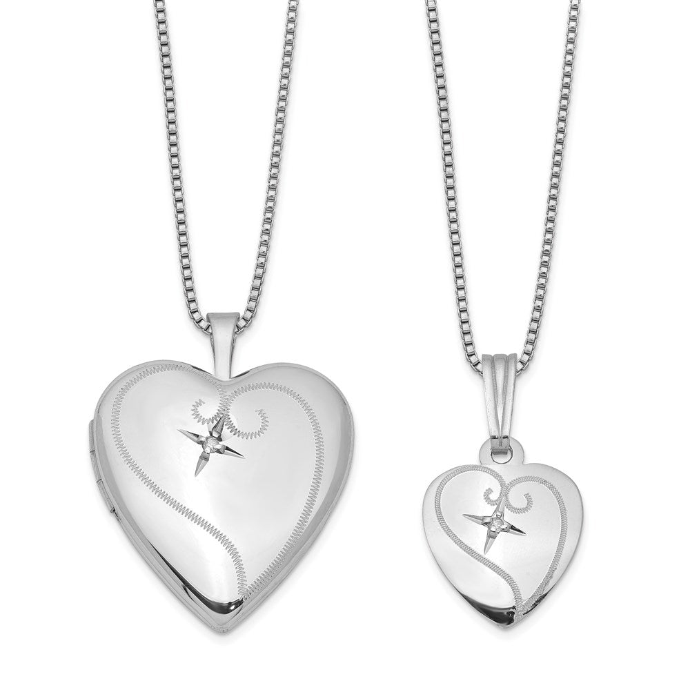 Rhodium-Plated Polished Diamond Heart 18in Locket Necklace & 14in Pendant Necklace Set in Sterling Silver