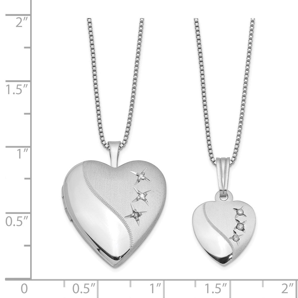 Rhodium-plated Diamond Polished & Satin Heart 18in Locket Necklace & 14in Pendant Necklace Set in Sterling Silver
