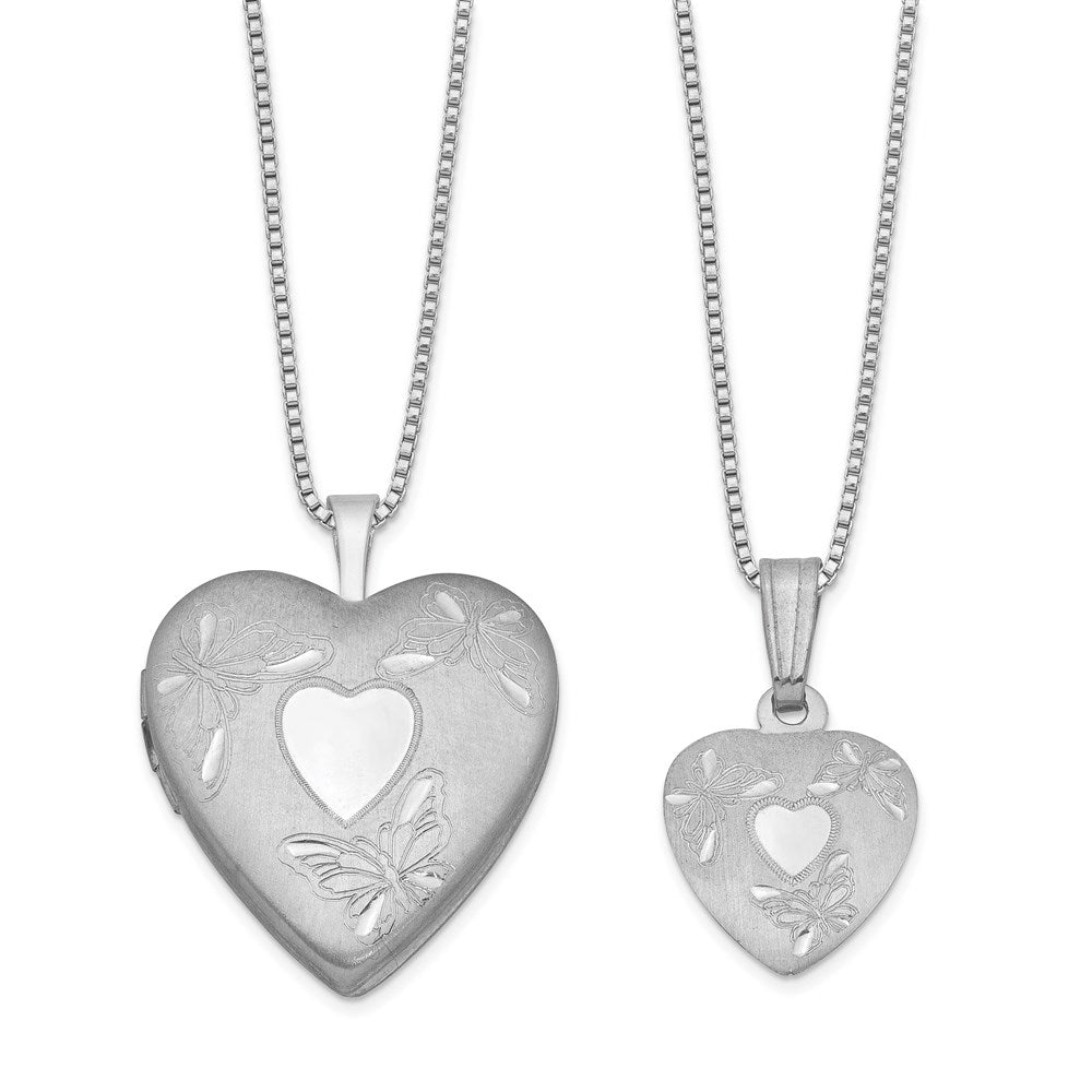 Rhodium-Plated Polished & satin Butterfly Heart 18in Locket Necklace & 14in Pendant Necklace Set in Sterling Silver