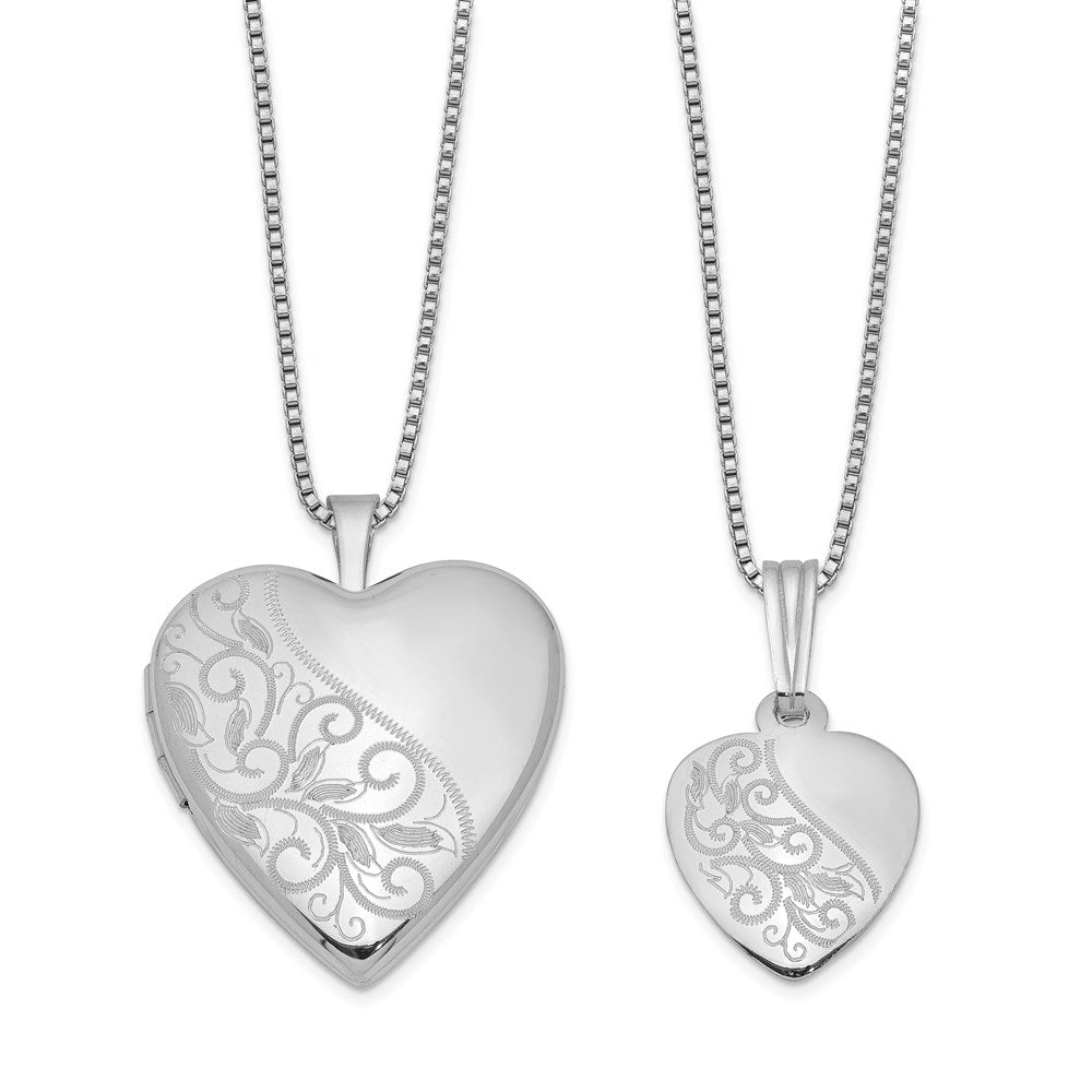Rhodium-plated Polished & Satin Back Swirl Design Mother 18in Locket & Daughter 14in Pendant Necklace Set in Sterling Silver