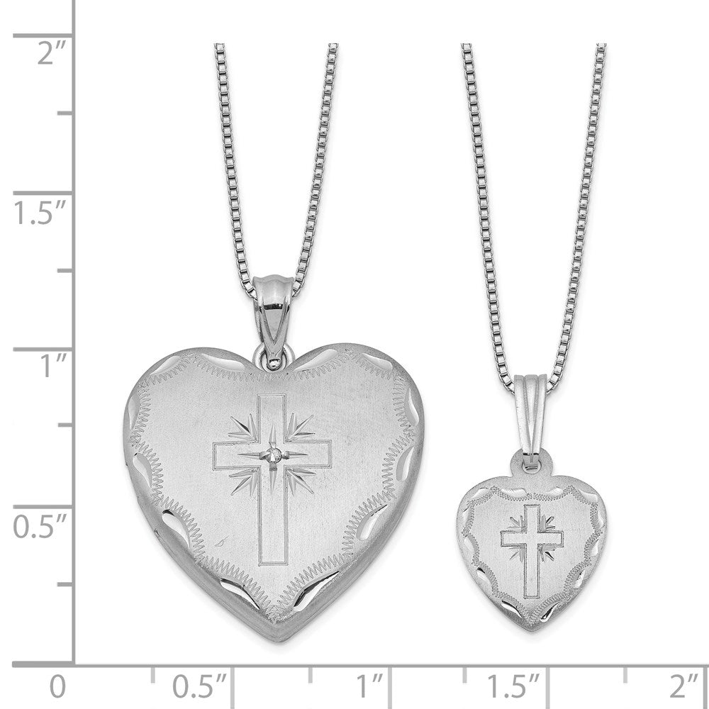 Rhodium-Plated Satin Diamond-cut 18in Diamond Cross Heart Locket Necklace & 14in Cross Heart Pendant Necklace Set in Sterling Silver