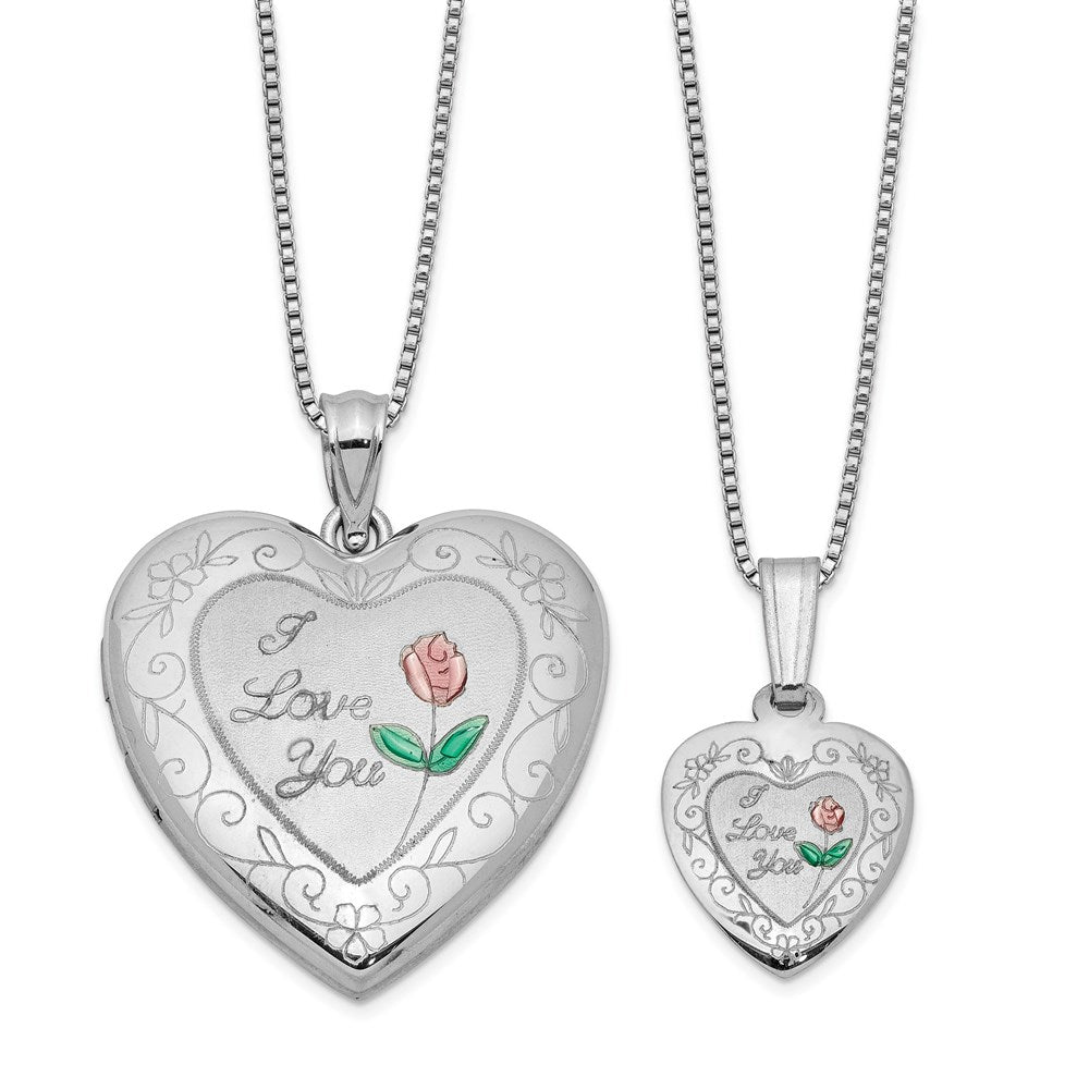 Rhodium-Plated Enameled Polished/Satin Rose I Love You Heart Mom 18in Locket & Daughter 14in Pendant Necklace Set in Sterling Silver
