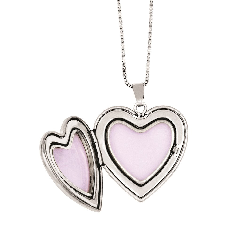 Rhodium-Plated Diamond Pol/Satin Heart Locket & Pendant Set in Sterling Silver