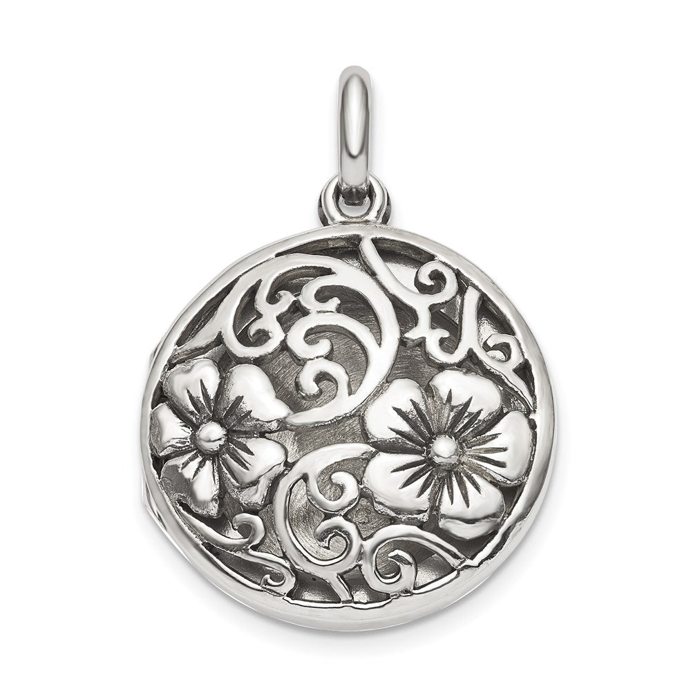 Antiqued Filigree Floral Top 21mm Locket Pendant in Sterling Silver