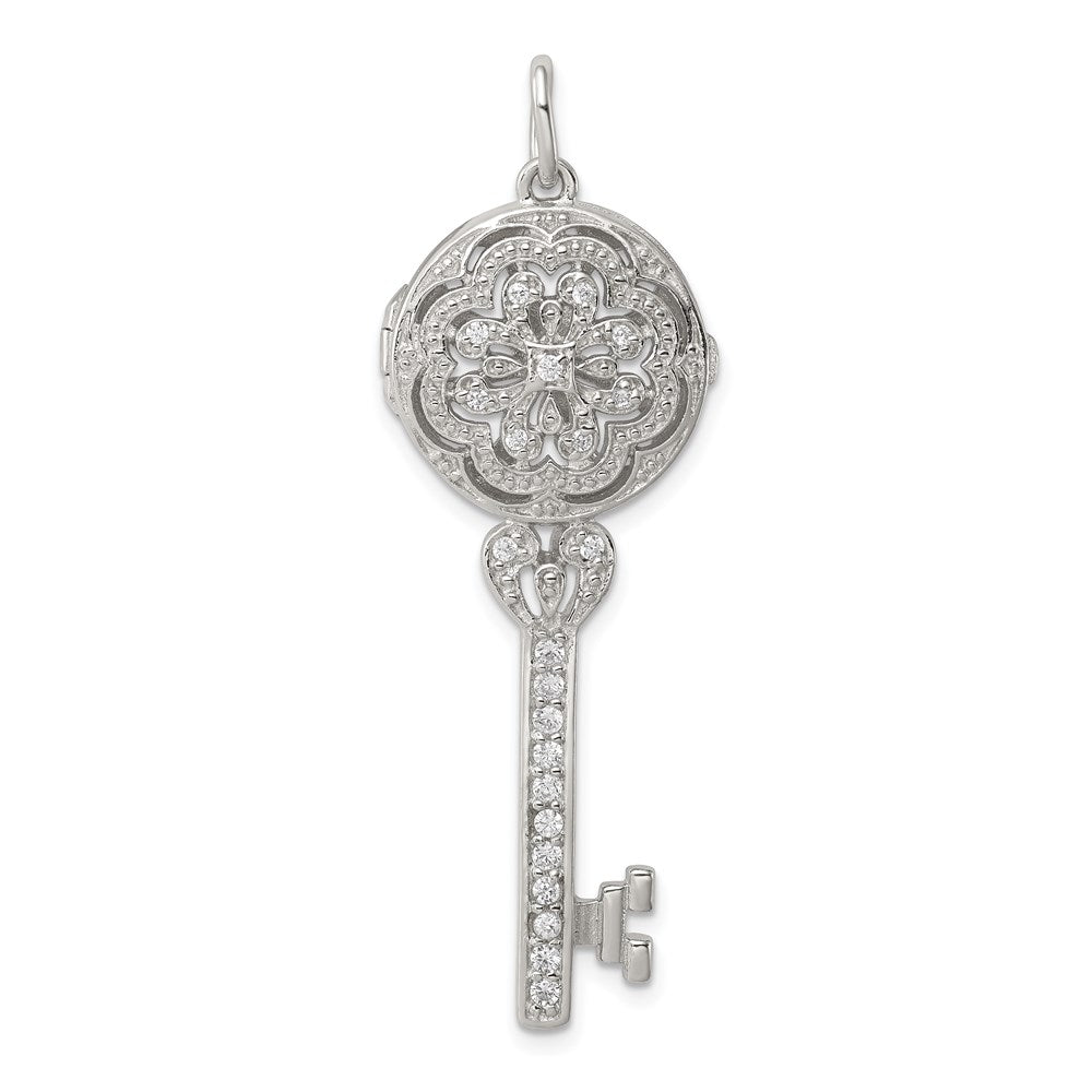 Rhodium-Plated CZ Filigree Locket Key Pendant in Sterling Silver
