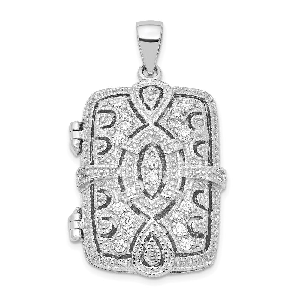 Rhodium-plated Fancy CZ Rectangle 24mm Locket Pendant in Sterling Silver