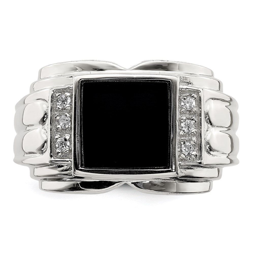 Rhodium-Plated CZ & Onyx Ring in Sterling Silver