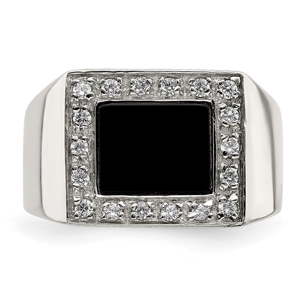 Rhodium-Plated Men's CZ & Onyx Ring in Sterling Silver