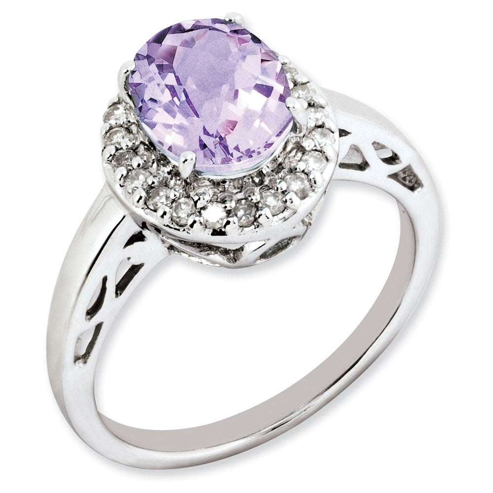 Rhodium-Plated Oval Pink Quartz & Diamond Ring in Sterling Silver