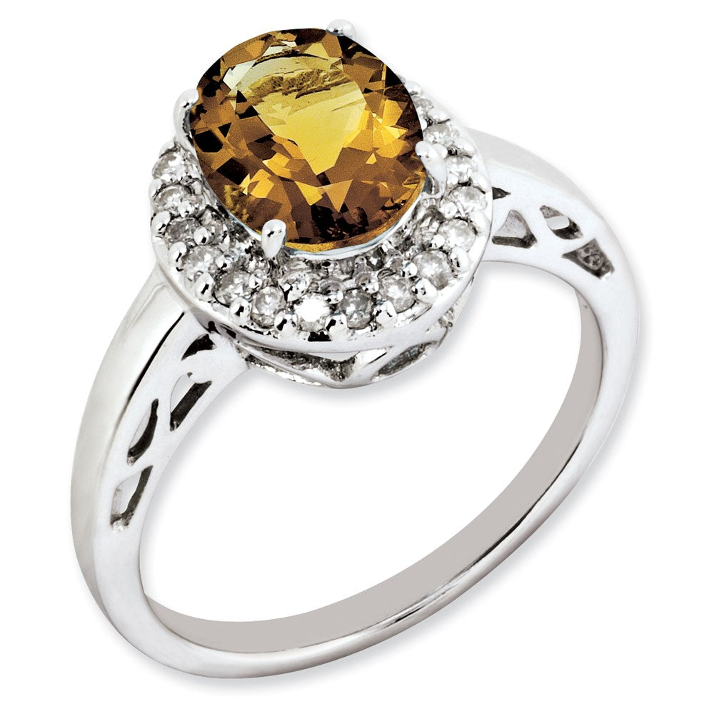Rhodium-Plated Oval Whiskey Quartz & Diamond Ring in Sterling Silver