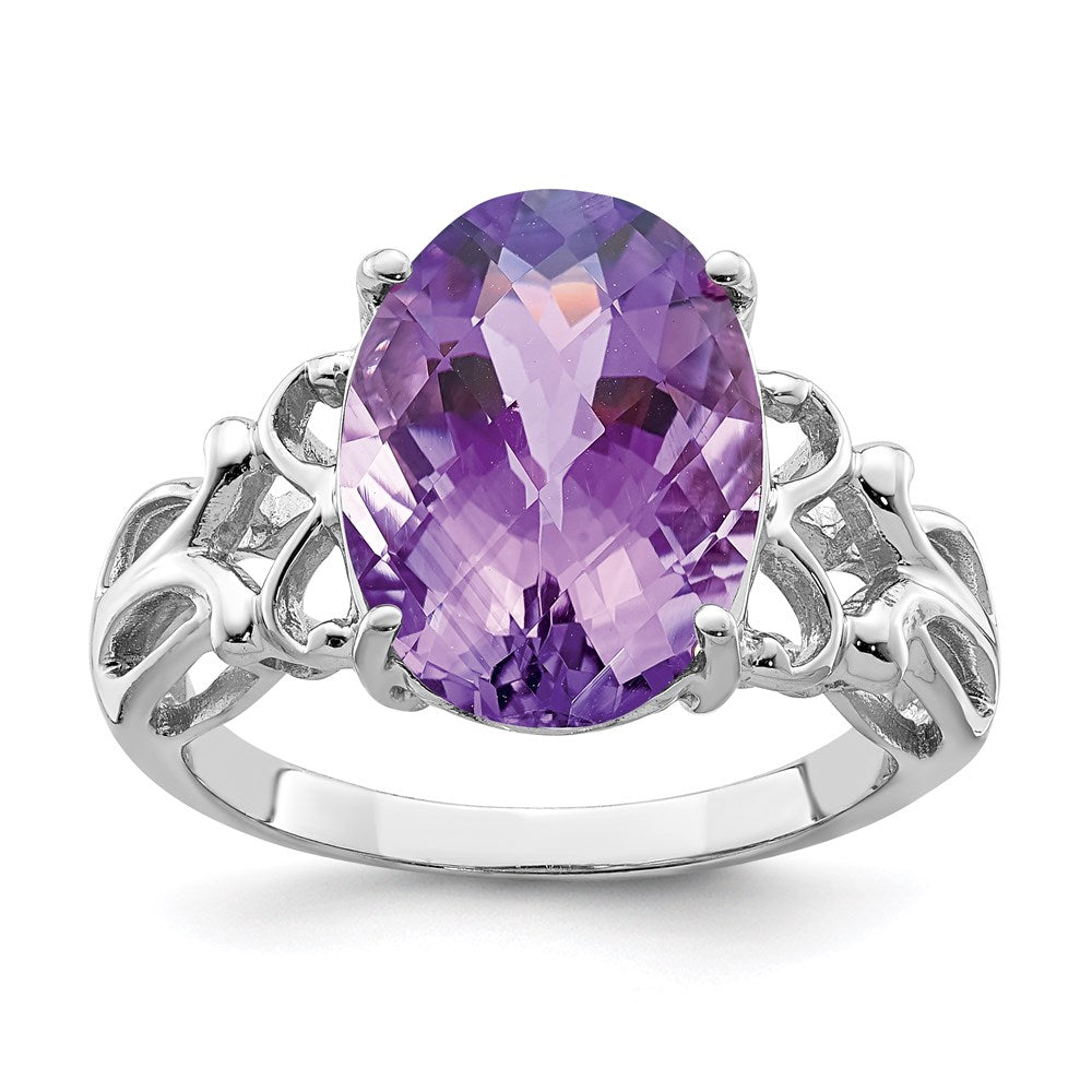 Rhodium-Plated Oval Checker-Cut Amethyst Ring in Sterling Silver