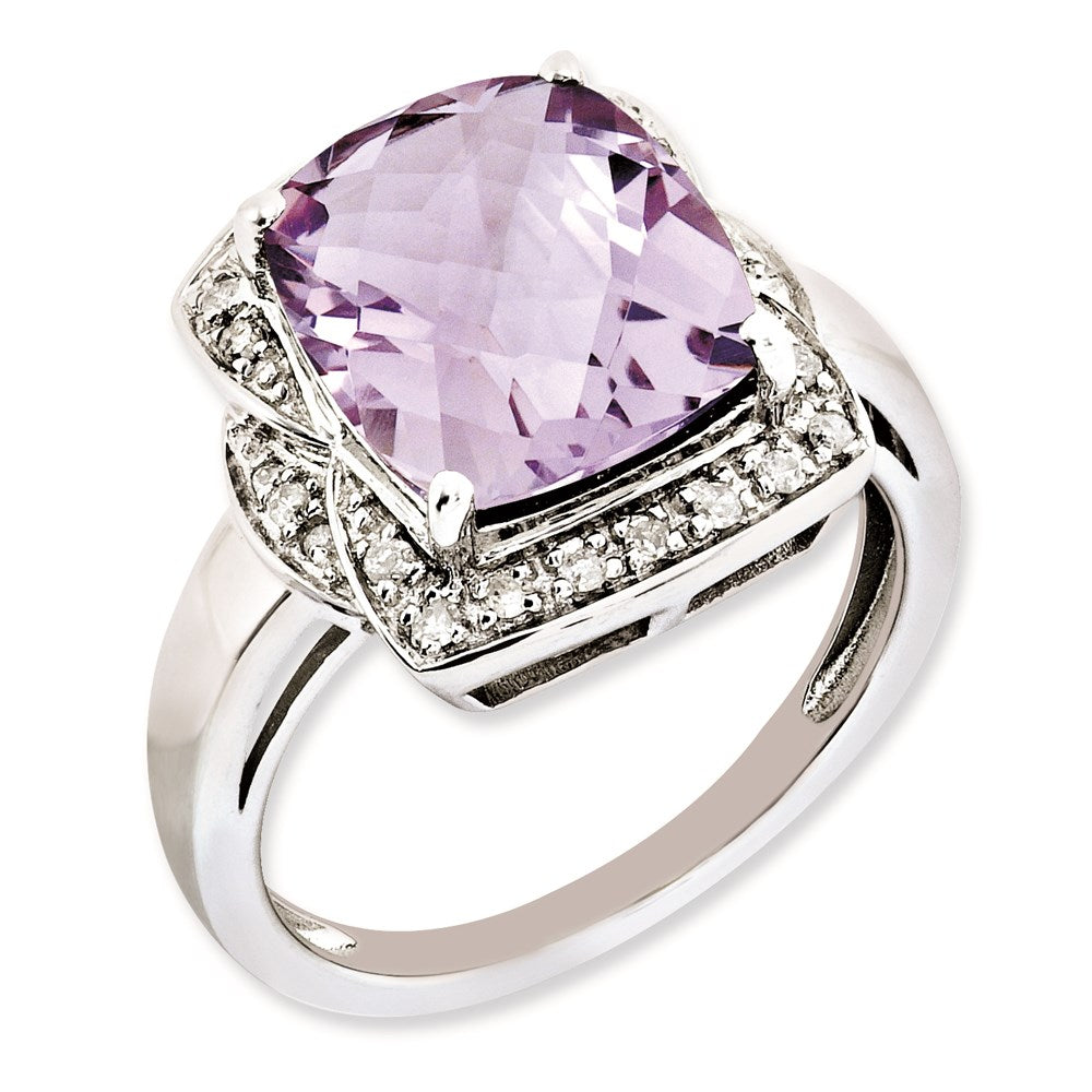 Rhodium-Plated Diamond & Checker-Cut Pink Quartz Ring in Sterling Silver