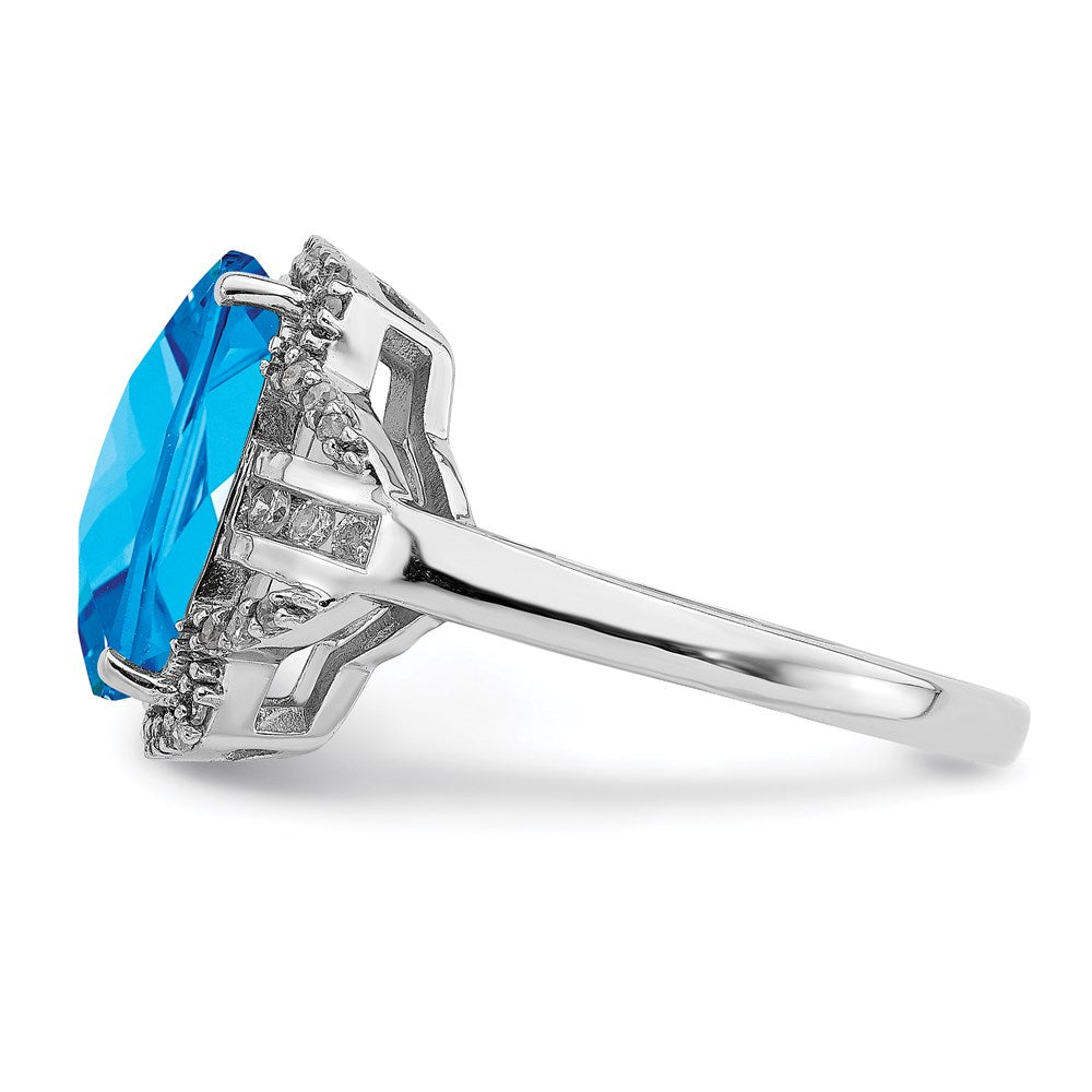Rhodium Checker-Cut Blue Topaz & Diamond Ring in Sterling Silver