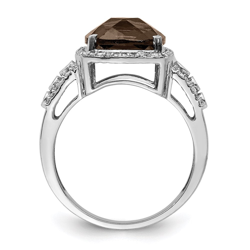 Rhodium Diamond & Checker-Cut Smoky Quartz Ring in Sterling Silver