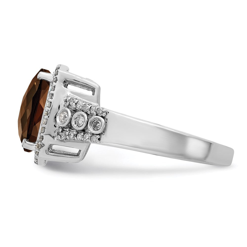 Rhodium Diamond & Checker-Cut Smoky Quartz Ring in Sterling Silver