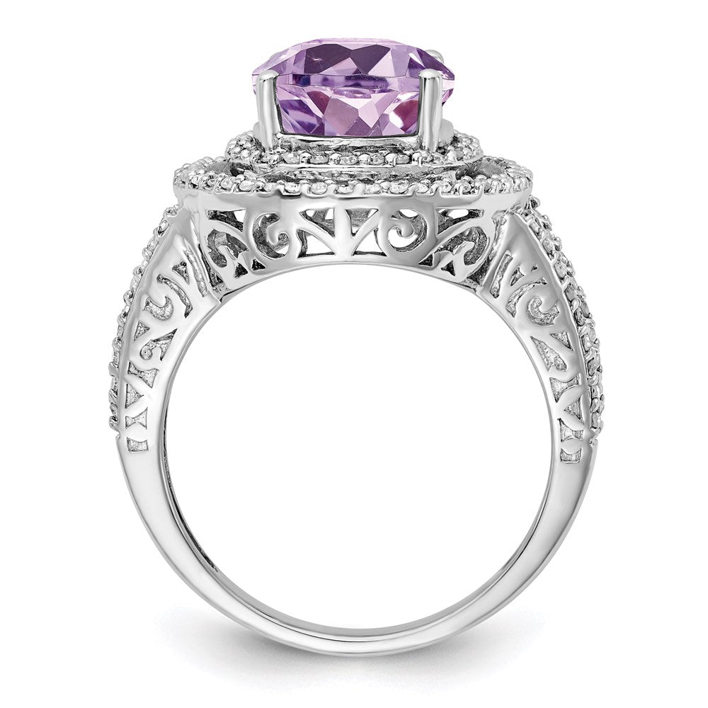 Rhodium Oval Diamond & Pink Quartz Ring in Sterling Silver