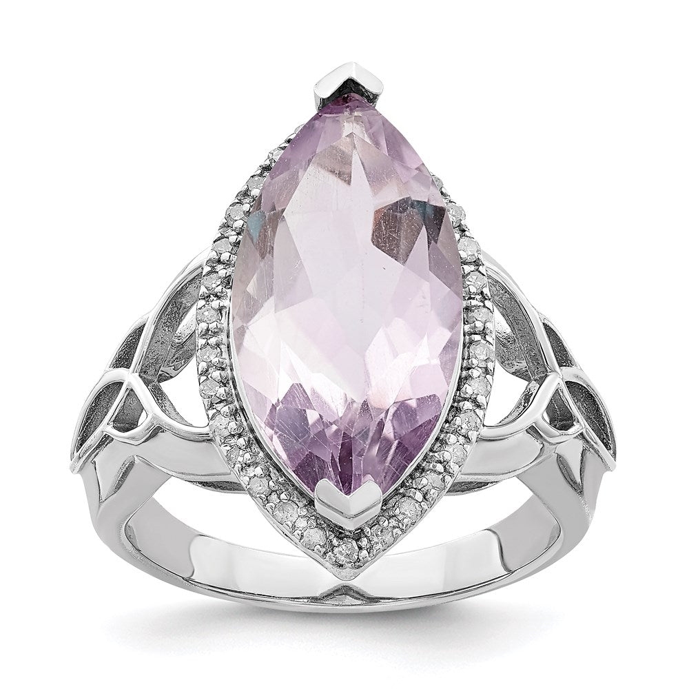 Rhodium Diamond & Pink Quartz Ring in Sterling Silver