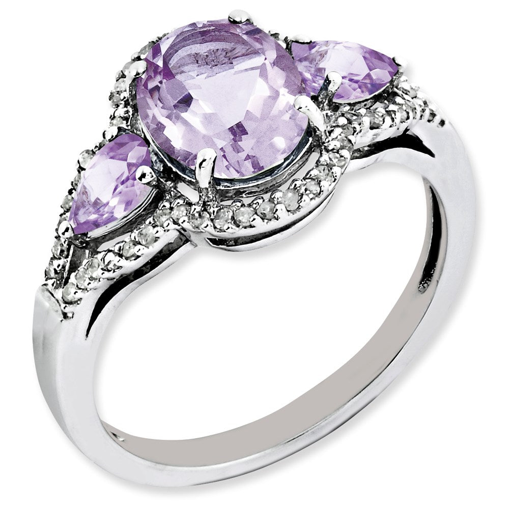 Rhodium-Plated Oval Diamond & Pink Quartz Ring in Sterling Silver