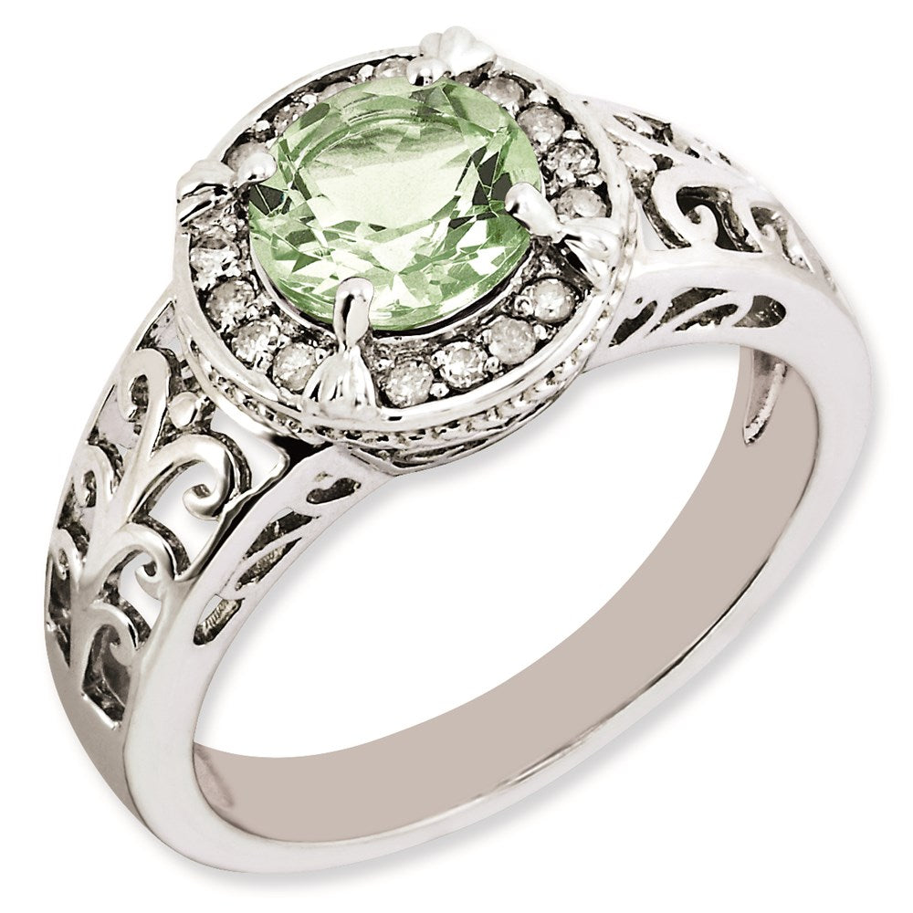 Rhodium-Plated Diamond & Green Quartz Ring in Sterling Silver