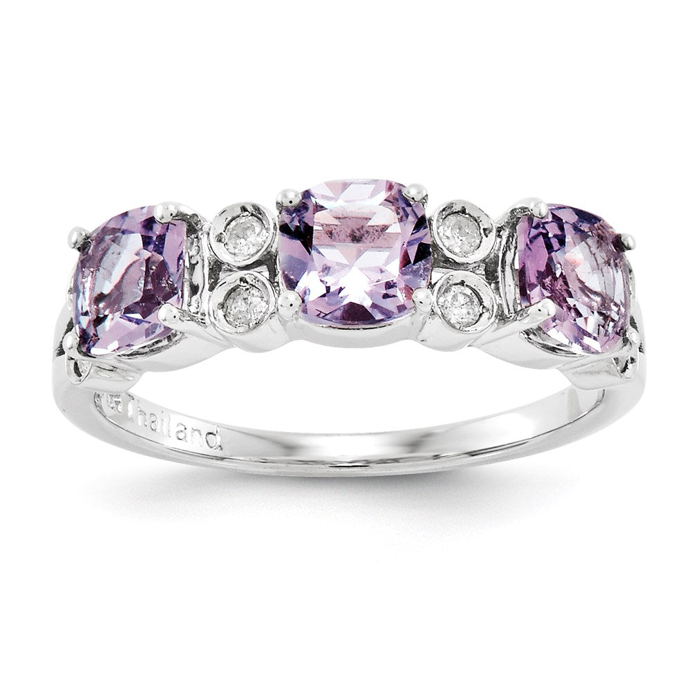 Rhodium-Plated Diamond & Pink Quartz Ring in Sterling Silver