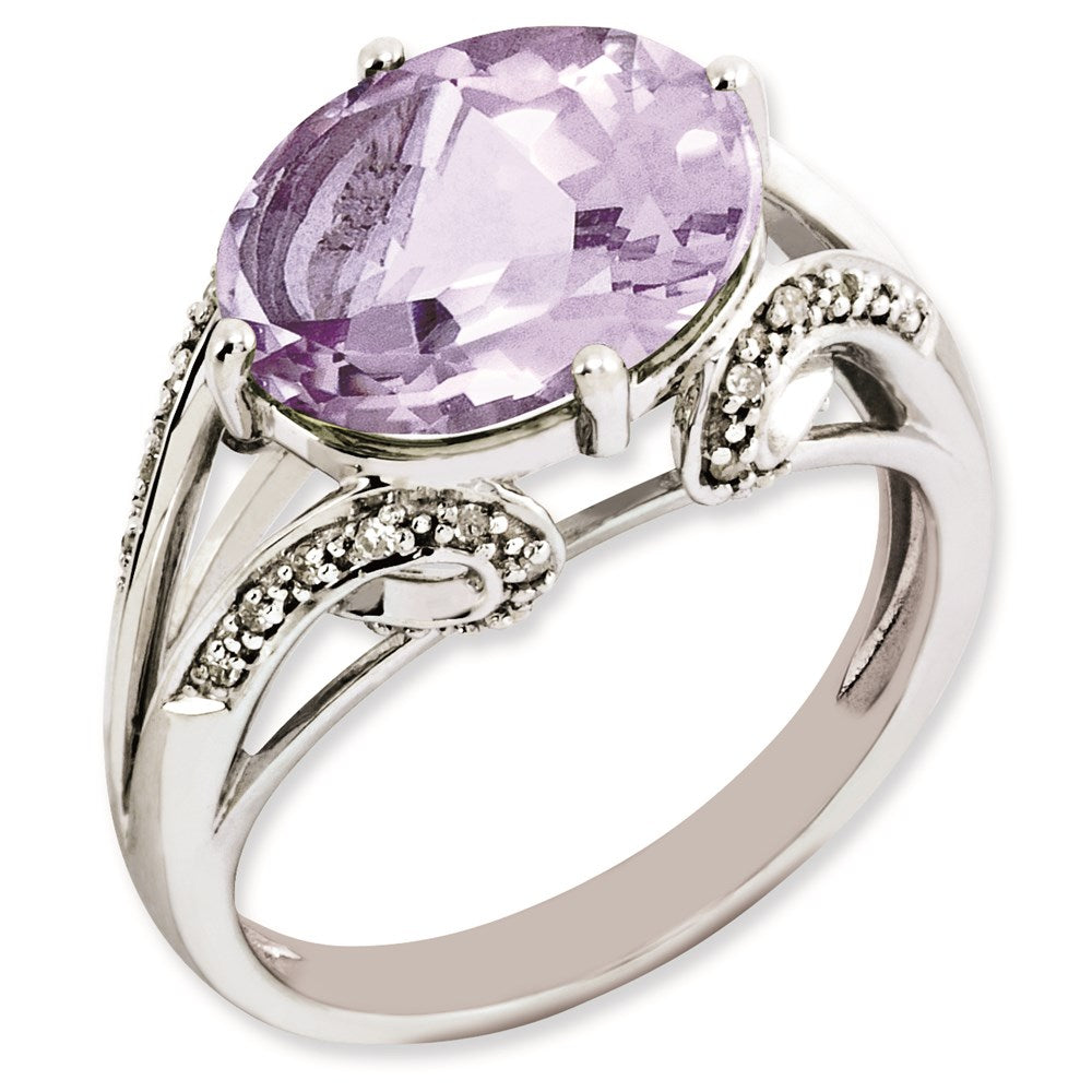 Rhodium-Plated Oval Diamond & Pink Quartz Ring in Sterling Silver